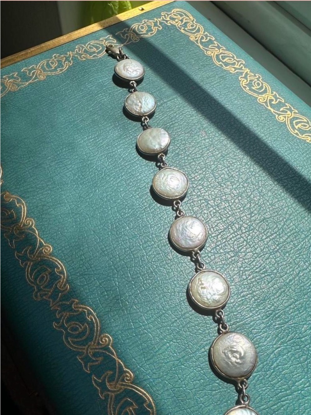 Vintage 925 Sterling Silver Bezel Set Coin Pearl Link Bracelet Double Sided
